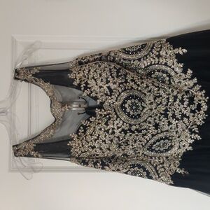 Elegant Black and Gold Embellished Formal Floor Length Gown